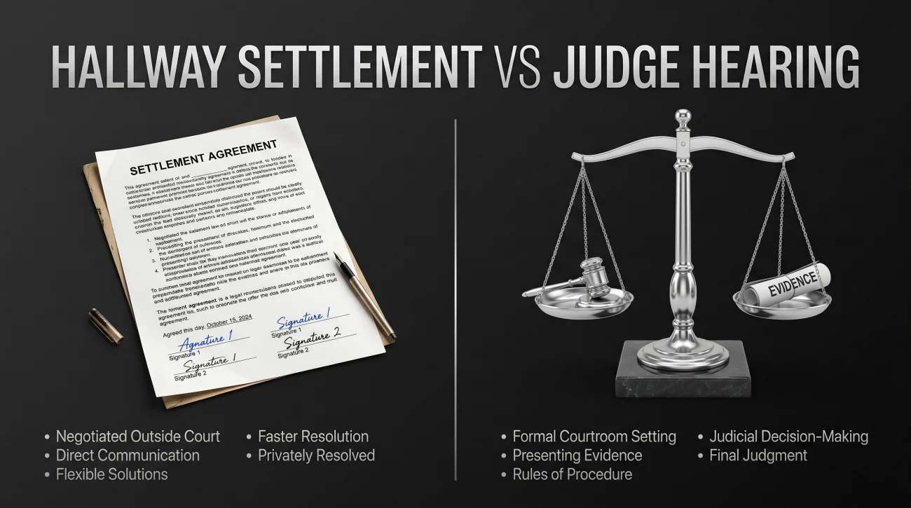Court Hallway Settlement Vs Judge Hearing
